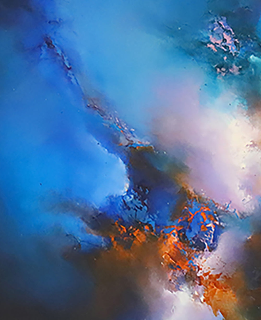 Origins by Simon Kenny — a dramatic abstract oil painting blending deep blues, radiant whites, and fiery orange tones in a dynamic, cosmic burst of colour and atmospheric movement.