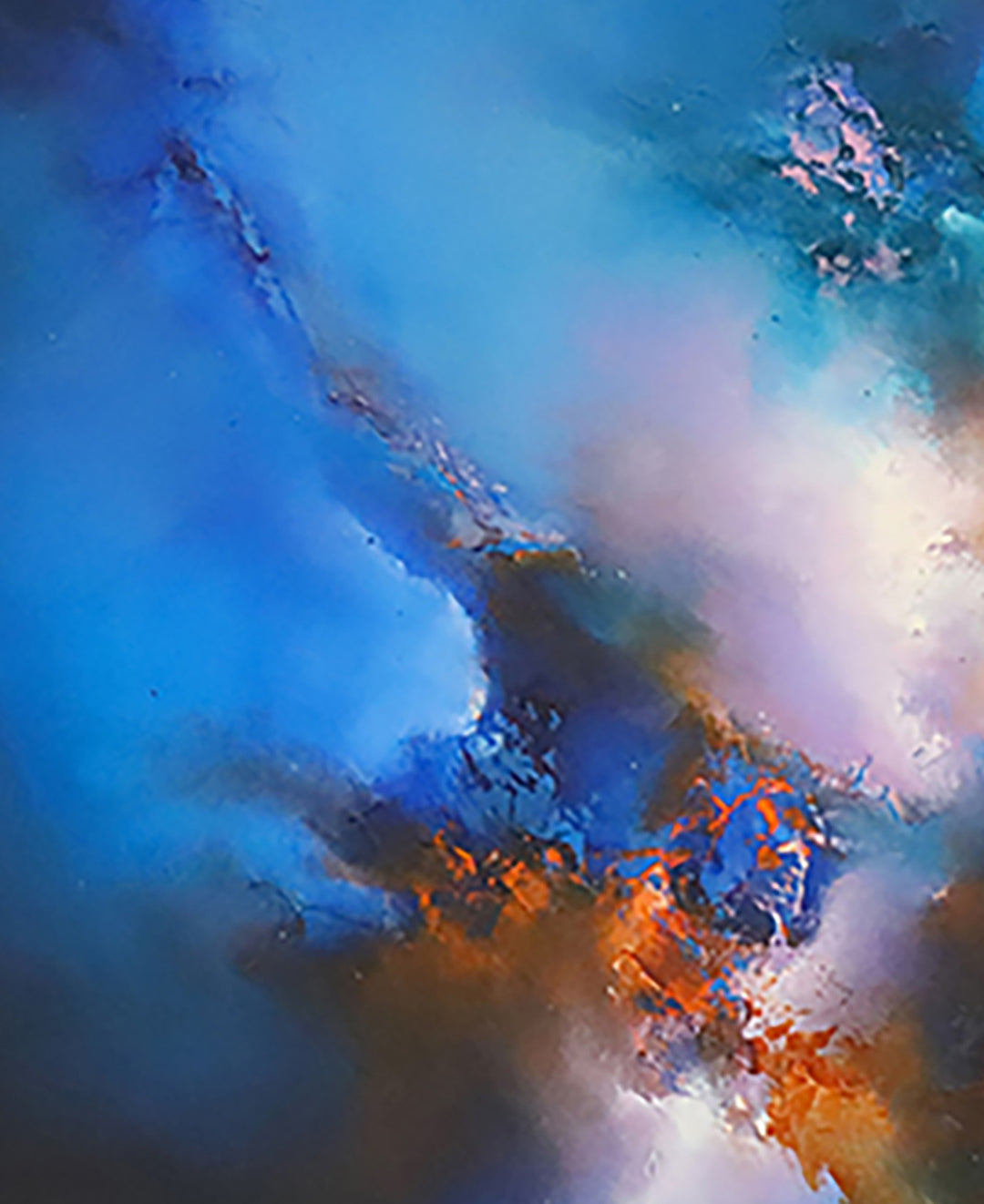 Origins by Simon Kenny — a dramatic abstract oil painting blending deep blues, radiant whites, and fiery orange tones in a dynamic, cosmic burst of colour and atmospheric movement.