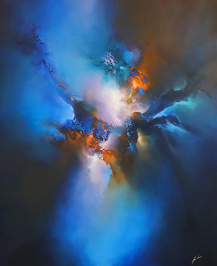 Origins by Simon Kenny — a dramatic abstract oil painting blending deep blues, radiant whites, and fiery orange tones in a dynamic, cosmic burst of colour and atmospheric movement.