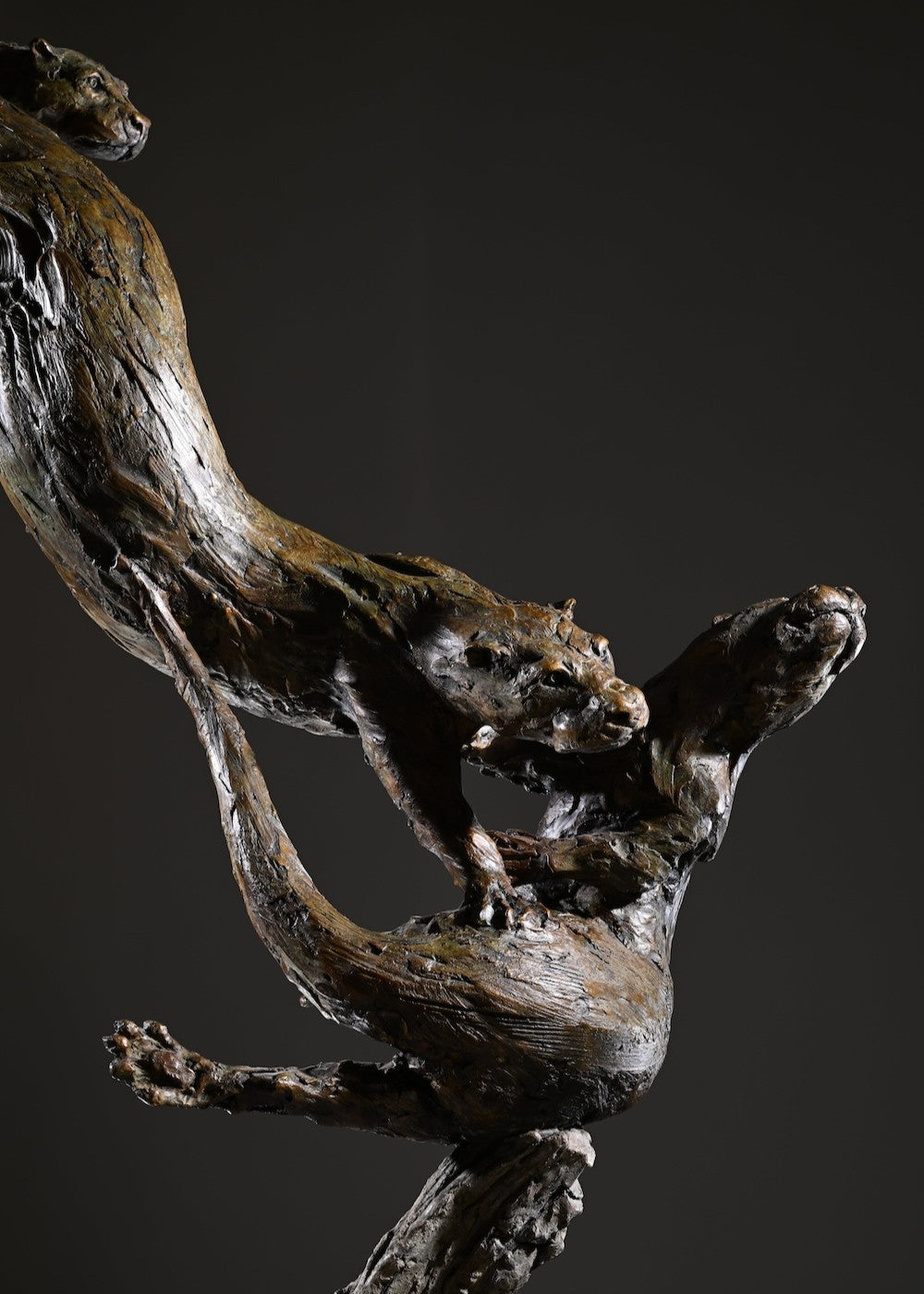 ‘Otters Playing Underwater’ by Hamish Mackie, a life-size limited-edition bronze wildlife sculpture depicting a mother otter and her playful cubs twisting, diving and swimming around a sculpted underwater tree root. The dynamic vertical composition features expressive animal movements, detailed fur textures and a weathered bronze finish in rich brown and earthy tones, capturing the playful energy and natural behaviour of otters beneath the water.