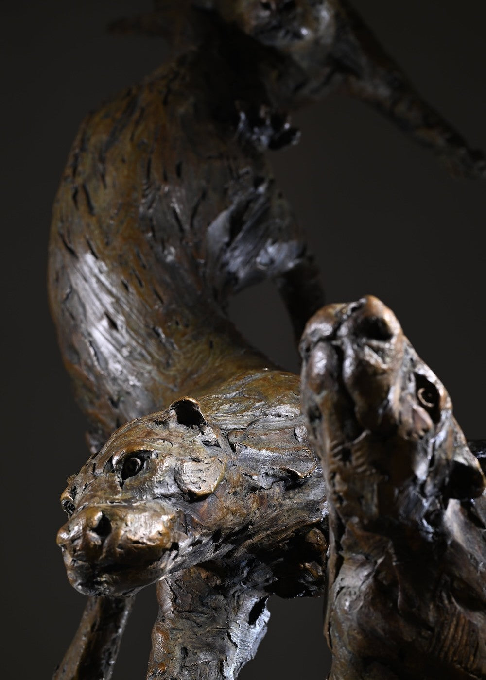 ‘Otters Playing Underwater’ by Hamish Mackie, a life-size limited-edition bronze wildlife sculpture depicting a mother otter and her playful cubs twisting, diving and swimming around a sculpted underwater tree root. The dynamic vertical composition features expressive animal movements, detailed fur textures and a weathered bronze finish in rich brown and earthy tones, capturing the playful energy and natural behaviour of otters beneath the water.