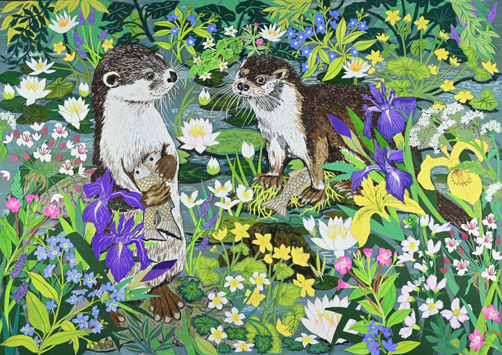 Cut-paper artwork featuring two otters among dense water-garden foliage, holding fish beside irises, waterlilies and wildflowers, with layered greens, blues and yellows creating a vibrant, nature-rich scene.