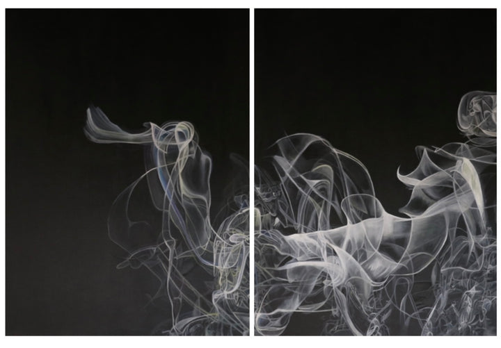 Large-scale diptych oil painting by Dide Siemmond showing ethereal, smoke-like white and pale grey forms drifting across a deep black background. The two panels create a sense of movement and pause, with flowing, translucent lines suggesting breath, sound, and vibration, while subtle hidden text is woven into the luminous smoke trails, rewarding close and prolonged viewing.