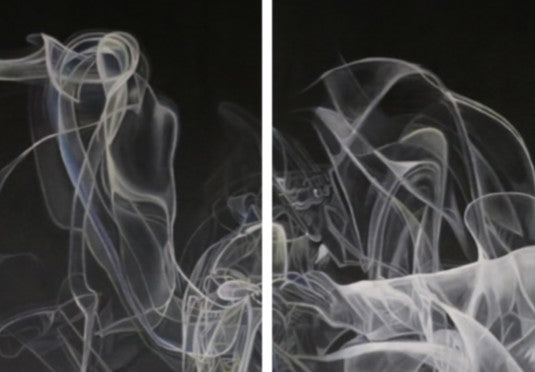 Large-scale diptych oil painting by Dide Siemmond showing ethereal, smoke-like white and pale grey forms drifting across a deep black background. The two panels create a sense of movement and pause, with flowing, translucent lines suggesting breath, sound, and vibration, while subtle hidden text is woven into the luminous smoke trails, rewarding close and prolonged viewing.