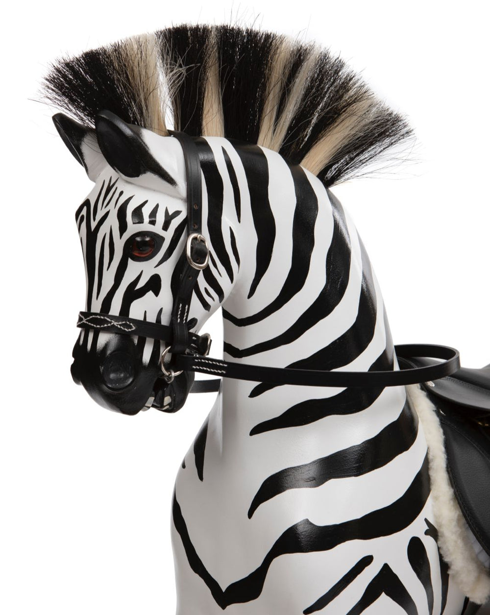 Hand-painted wooden rocking zebra with black leather saddle, mounted on a dark oak safety stand.


