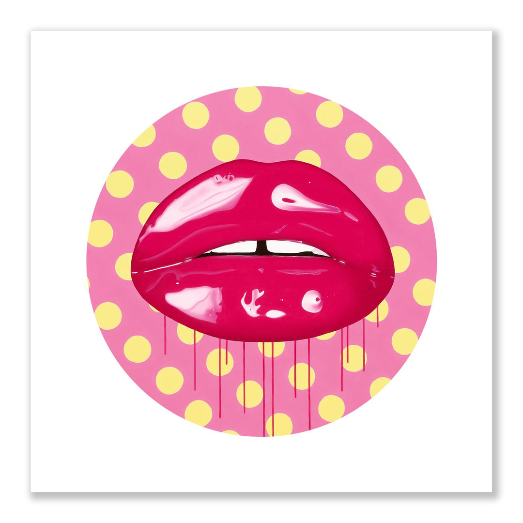 Glossy hot pink lips with dripping paint on a pink and yellow polka dot background.
