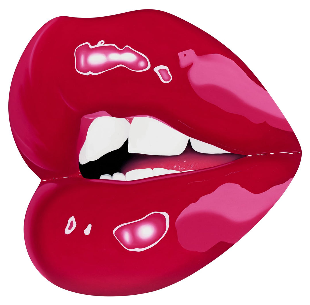 Glossy magenta lips with white teeth, stylised with bold highlights and reflections on a white background.
