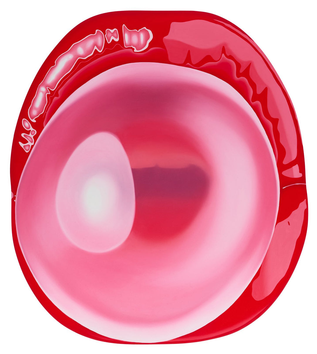 Glossy abstract red and pink circular form with soft gradients and reflective highlights on a white background.
