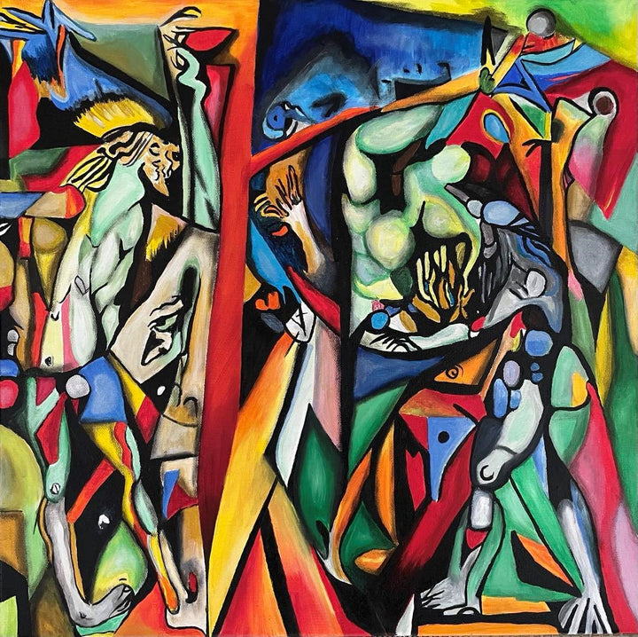 Vibrant abstract painting with intertwined human figures, bold colours, and fragmented geometric shapes in a surreal composition.