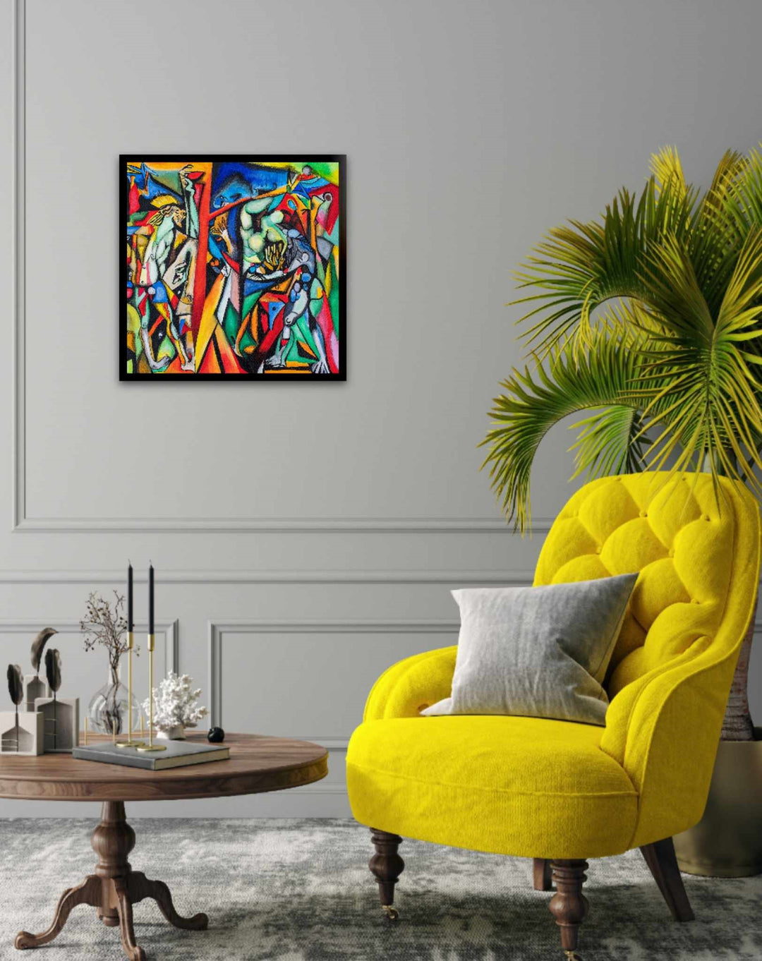 Vibrant abstract painting with intertwined human figures, bold colours, and fragmented geometric shapes in a surreal composition.