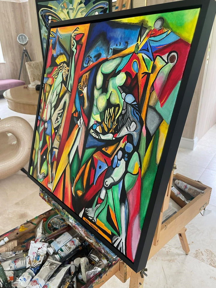 Vibrant abstract painting with intertwined human figures, bold colours, and fragmented geometric shapes in a surreal composition.