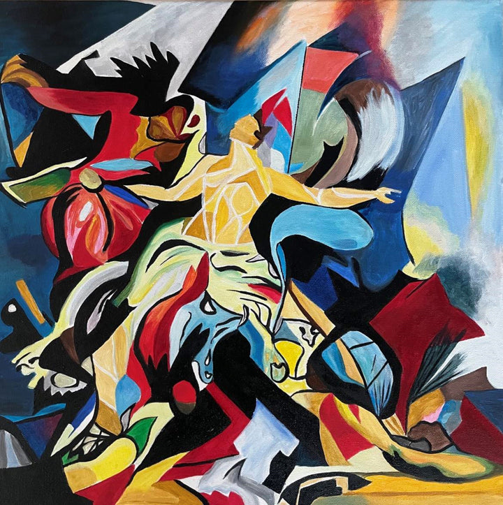 Abstract expressionist painting with vivid colours, human and horse figures in motion.

