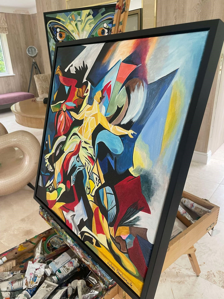 Abstract expressionist painting with vivid colours, human and horse figures in motion.

