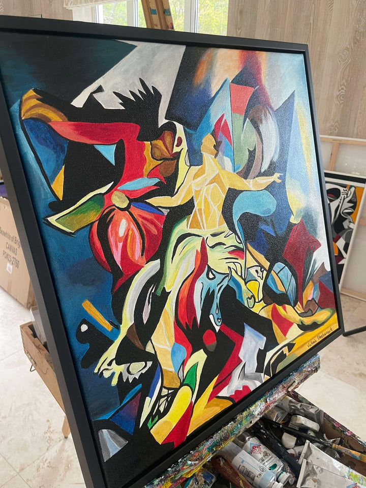 Abstract expressionist painting with vivid colours, human and horse figures in motion.

