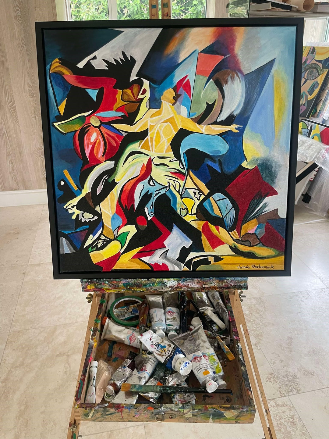 Abstract expressionist painting with vivid colours, human and horse figures in motion.

