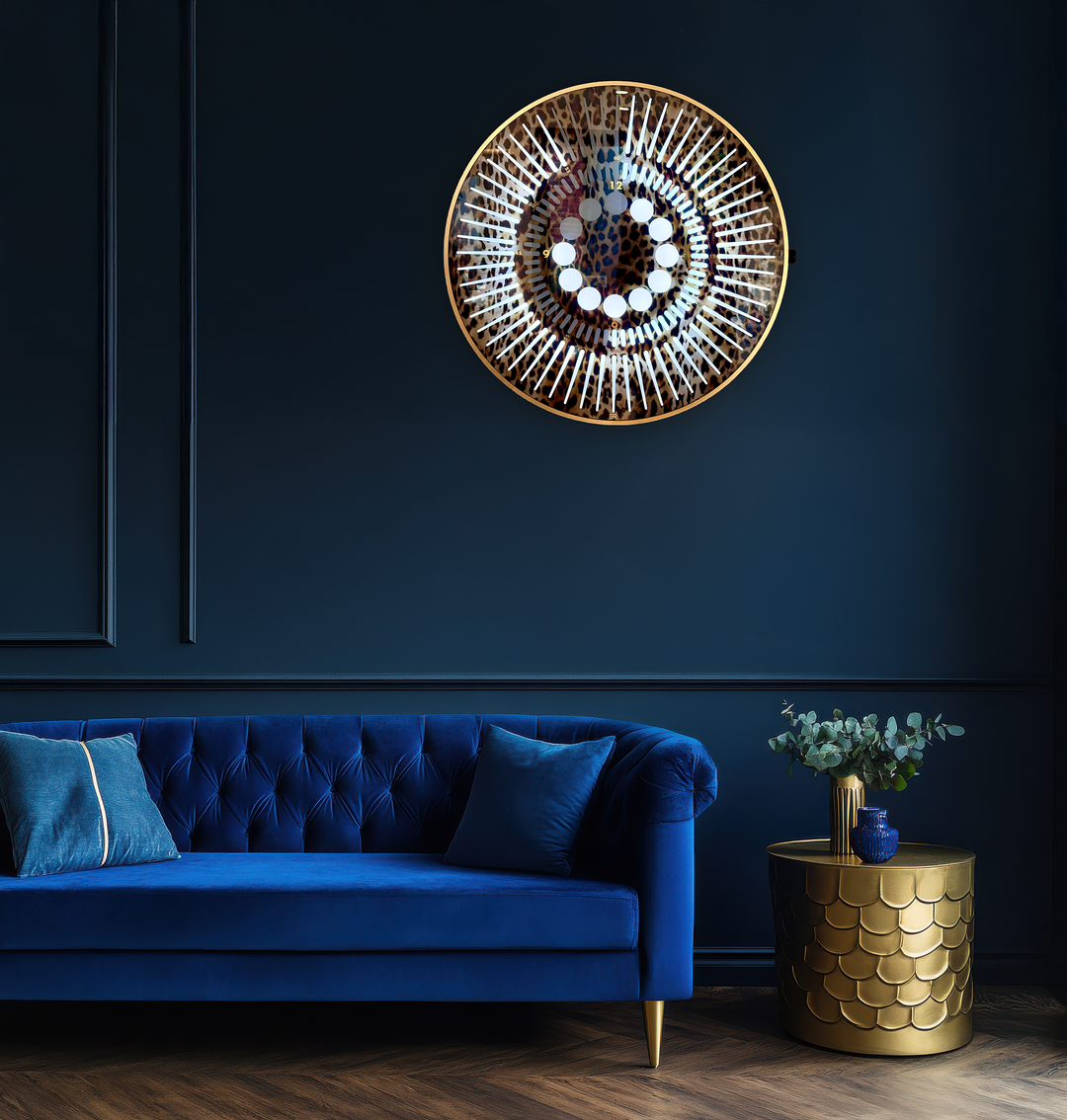 “Tempus Leopard Edition” by Ben Rousseau – a limited-edition illuminated timepiece crafted from leopard-printed glass and brass-tinted aluminium with LEDs. A bold fusion of glamour, light, and contemporary design.

