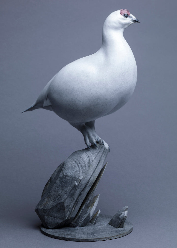 A finely sculpted Nick Bibby bronze ptarmigan standing tall on an angular rocky base, with a smooth winter-white patina and soft grey tonality, capturing the bird’s alert posture and clean, rounded form against a neutral backdrop.