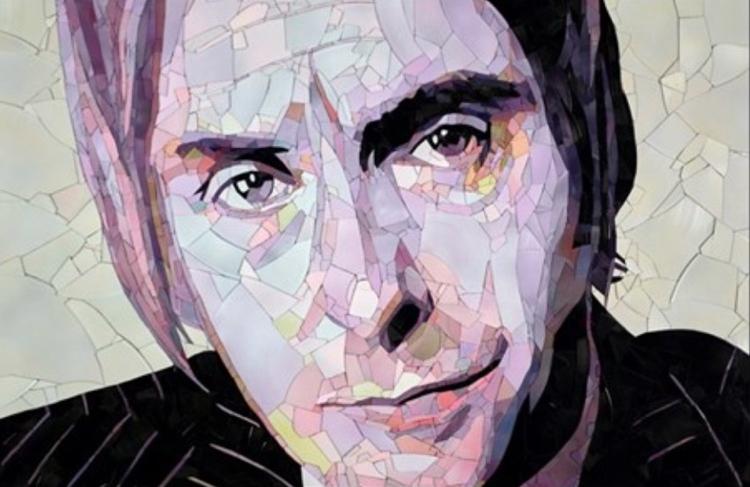 Ed Chapman mosaic portrait of Paul Weller created from broken vinyl records, with layered fragments in pale lilac, cream, and soft pink tones forming a striking likeness of the British music icon.