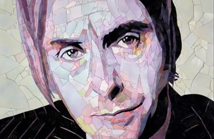 Ed Chapman mosaic portrait of Paul Weller created from broken vinyl records, with layered fragments in pale lilac, cream, and soft pink tones forming a striking likeness of the British music icon.