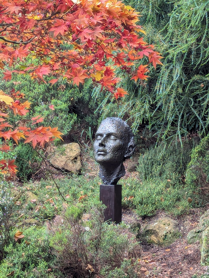 Contemplative bronze sculpture of a human face with closed eyes, tilted gently upward as if listening to the sounds of the forest. The surface is intricately detailed with embossed leaves and natural textures, merging human and woodland forms. With a rich patinated finish and mounted on a dark wooden plinth, this serene head sculpture symbolises quiet connection to nature, tree communication, and environmental awareness.