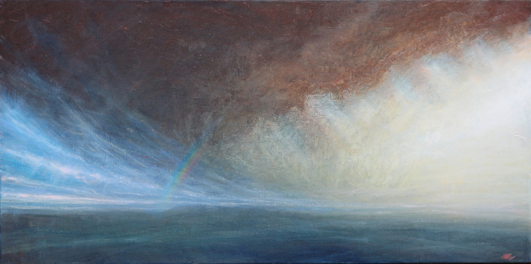 Derek Hare oil painting seascape of a passing storm with sweeping skies, soft rainbow and light breaking through clouds over a calm horizon.