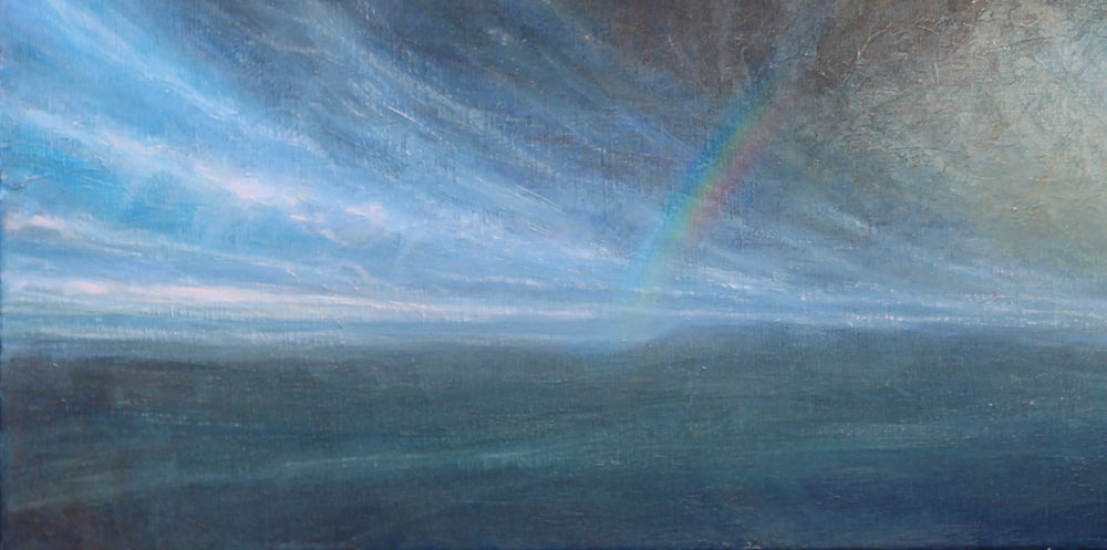 Derek Hare oil painting seascape of a passing storm with sweeping skies, soft rainbow and light breaking through clouds over a calm horizon.
