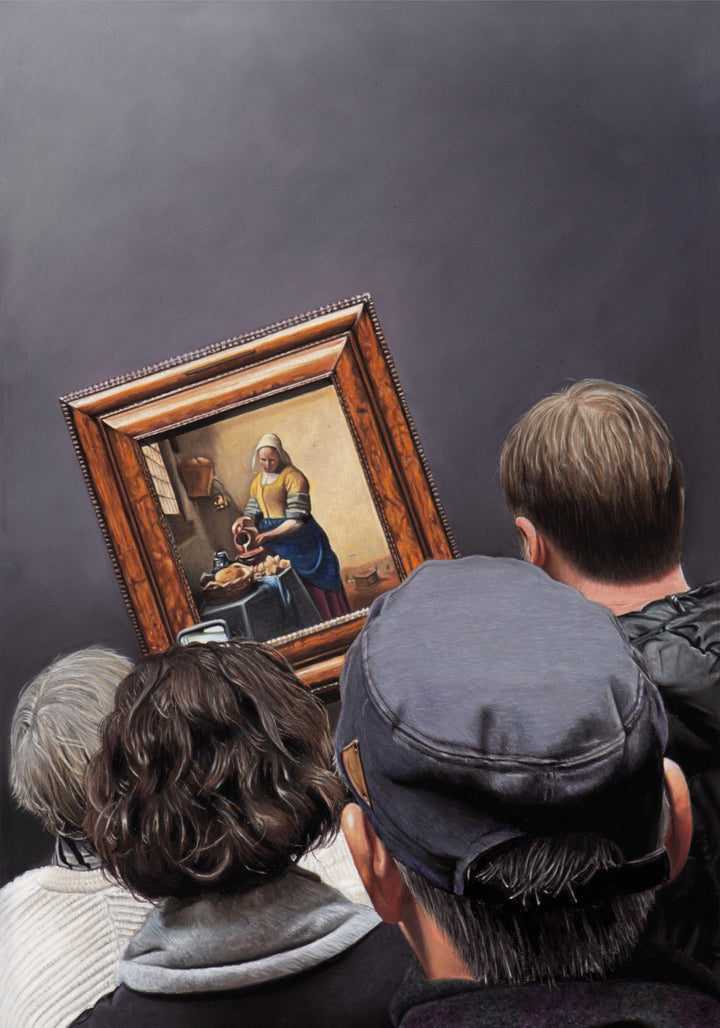Pastel artwork depicting a group of museum visitors viewed from behind as they gather before Vermeer’s The Milkmaid in the Rijksmuseum, with the framed painting set against a dark gallery wall and surrounded by layered human figures, subtle lighting, and carefully rendered textures that emphasise viewpoint, depth and the act of looking.