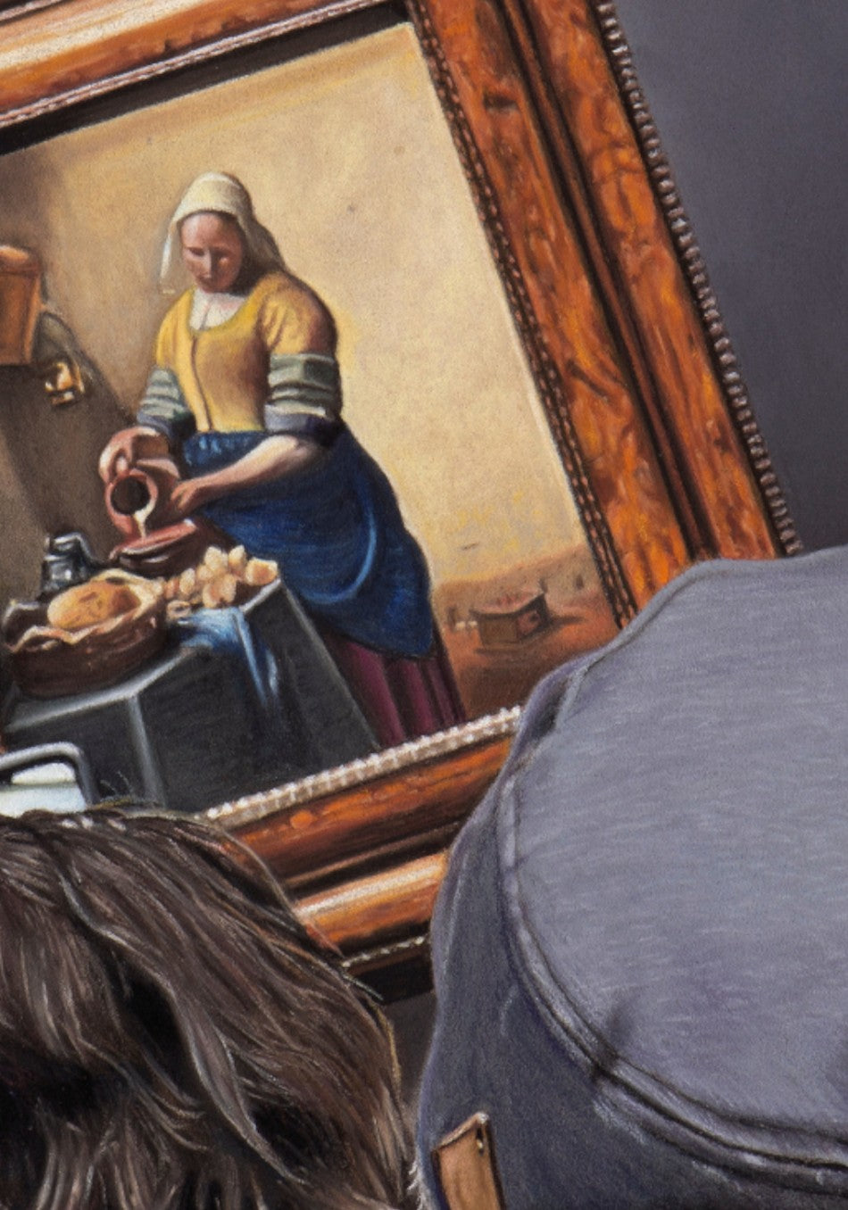 Pastel artwork depicting a group of museum visitors viewed from behind as they gather before Vermeer’s The Milkmaid in the Rijksmuseum, with the framed painting set against a dark gallery wall and surrounded by layered human figures, subtle lighting, and carefully rendered textures that emphasise viewpoint, depth and the act of looking.