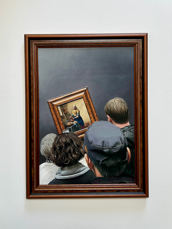 Pastel artwork depicting a group of museum visitors viewed from behind as they gather before Vermeer’s The Milkmaid in the Rijksmuseum, with the framed painting set against a dark gallery wall and surrounded by layered human figures, subtle lighting, and carefully rendered textures that emphasise viewpoint, depth and the act of looking.