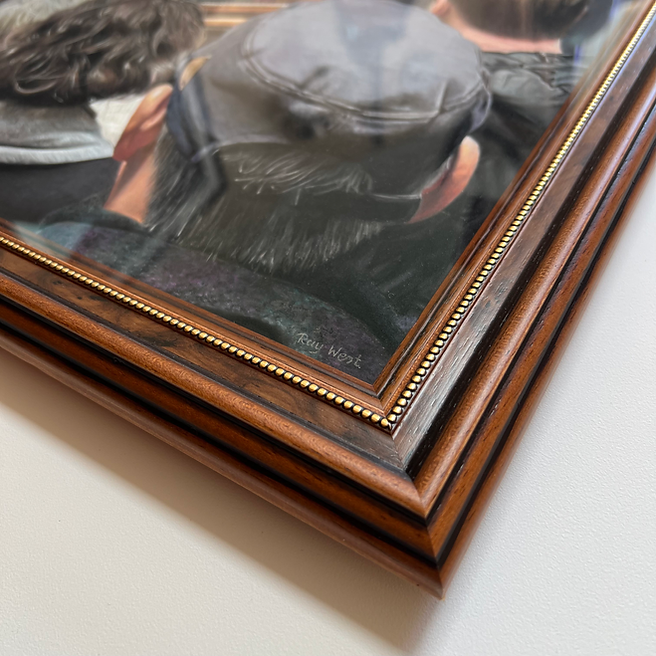 Pastel artwork depicting a group of museum visitors viewed from behind as they gather before Vermeer’s The Milkmaid in the Rijksmuseum, with the framed painting set against a dark gallery wall and surrounded by layered human figures, subtle lighting, and carefully rendered textures that emphasise viewpoint, depth and the act of looking.