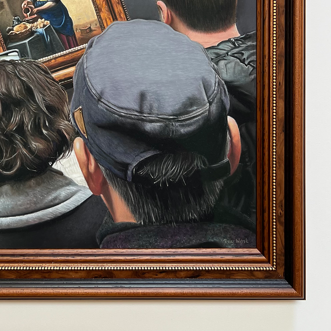 Pastel artwork depicting a group of museum visitors viewed from behind as they gather before Vermeer’s The Milkmaid in the Rijksmuseum, with the framed painting set against a dark gallery wall and surrounded by layered human figures, subtle lighting, and carefully rendered textures that emphasise viewpoint, depth and the act of looking.
