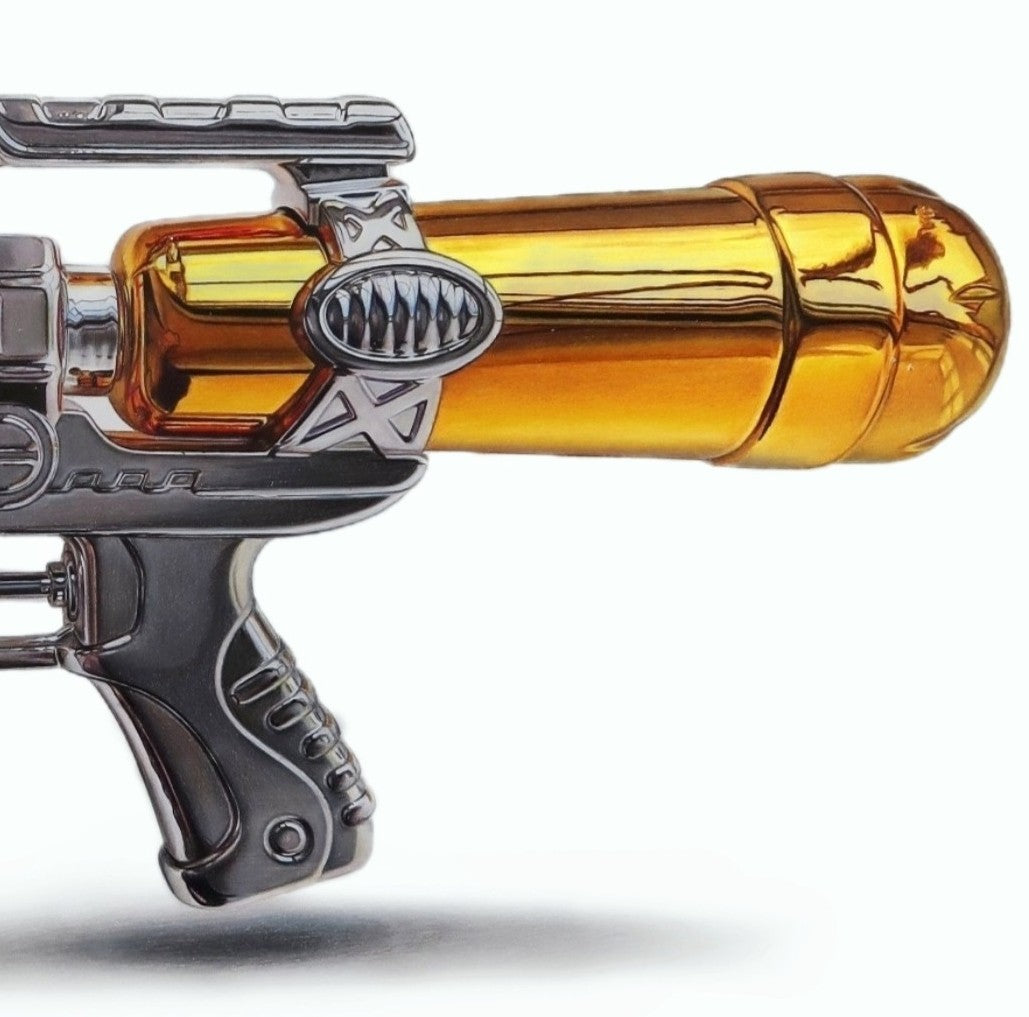 Hyper-realistic coloured pencil drawing of a futuristic ray gun with chrome detailing and gold cartridge, rendered with extreme precision by Hannah Lipsey