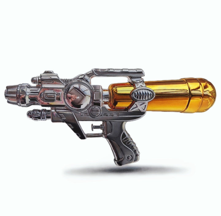Hyper-realistic coloured pencil drawing of a futuristic ray gun with chrome detailing and gold cartridge, rendered with extreme precision by Hannah Lipsey