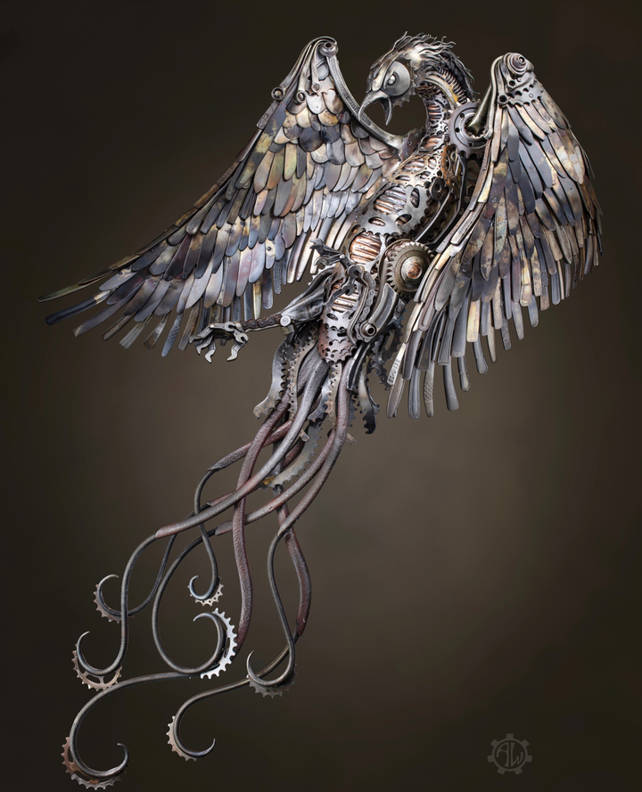 Winged steampunk Phoenix sculpture crafted from reclaimed metal with mechanical detailing and flowing tentacle-like elements.