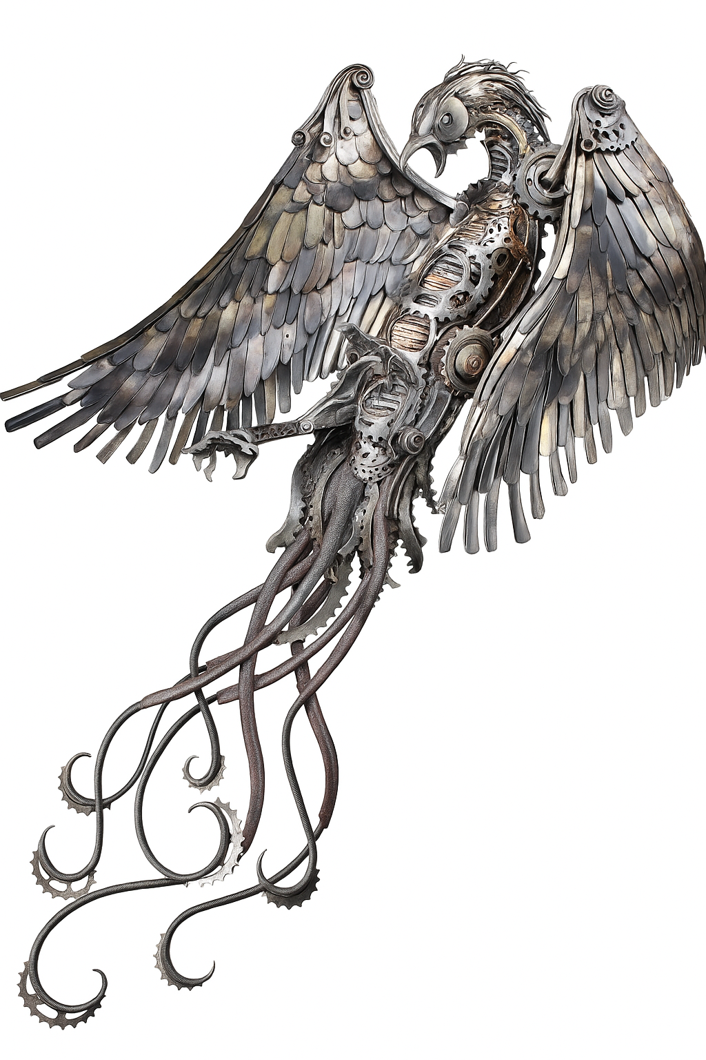 Winged steampunk Phoenix sculpture crafted from reclaimed metal with mechanical detailing and flowing tentacle-like elements.