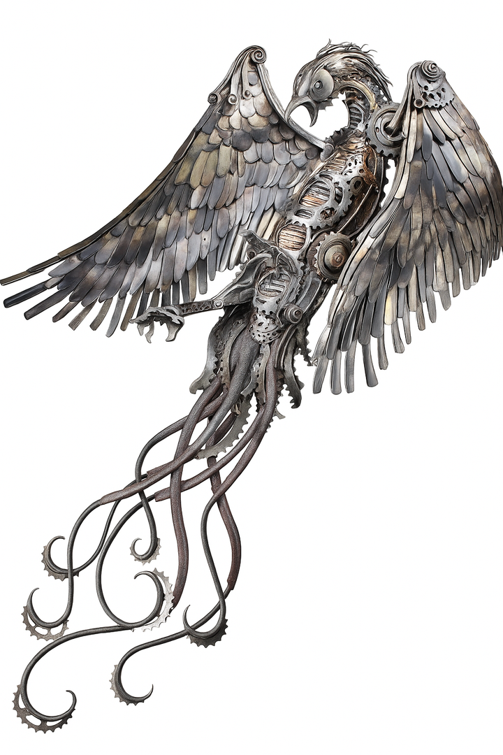 Winged steampunk Phoenix sculpture crafted from reclaimed metal with mechanical detailing and flowing tentacle-like elements.