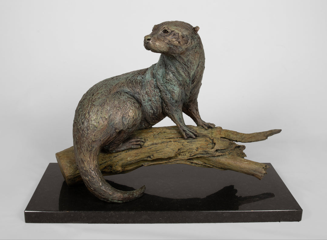 Bronze sculpture of an alert otter perched on a sculpted driftwood log, displayed on a polished black base