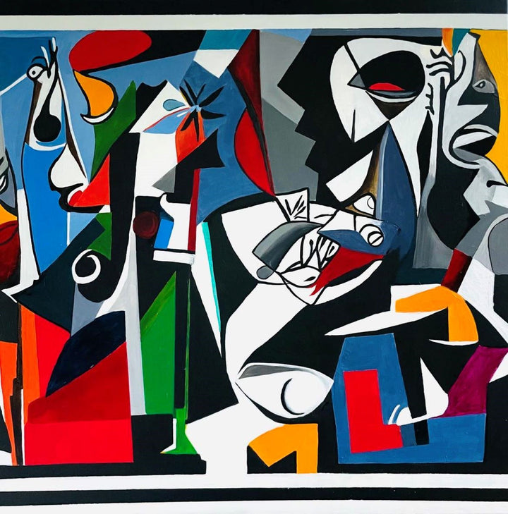 Bold abstract painting with fragmented faces, vivid geometric shapes, and a dramatic palette of red, black, blue, and green.