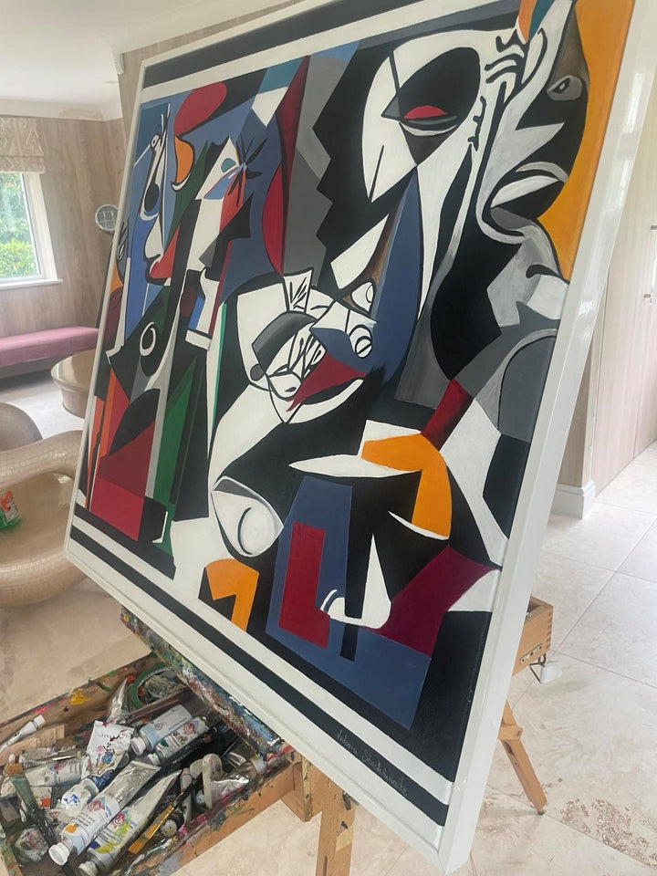 Bold abstract painting with fragmented faces, vivid geometric shapes, and a dramatic palette of red, black, blue, and green.
