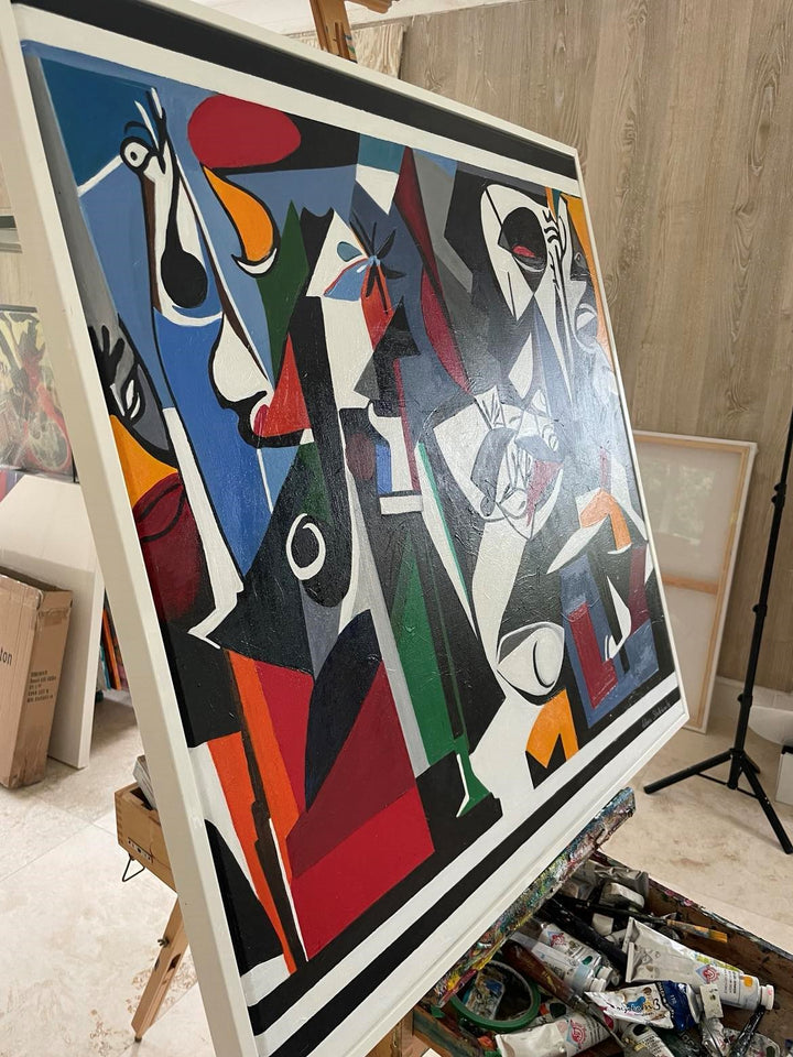 Bold abstract painting with fragmented faces, vivid geometric shapes, and a dramatic palette of red, black, blue, and green.
