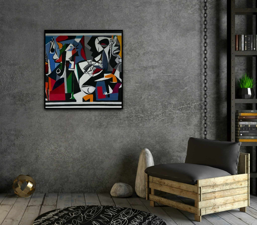 Bold abstract painting with fragmented faces, vivid geometric shapes, and a dramatic palette of red, black, blue, and green.