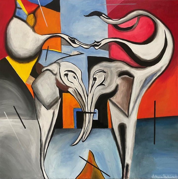 Abstract painting of two stylised elephants with entwined trunks, set against a bold geometric background in red, blue, yellow, and black.


