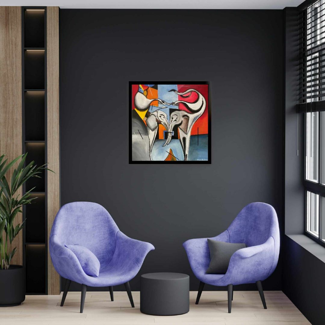 Abstract painting of two stylised elephants with entwined trunks, set against a bold geometric background in red, blue, yellow, and black.
