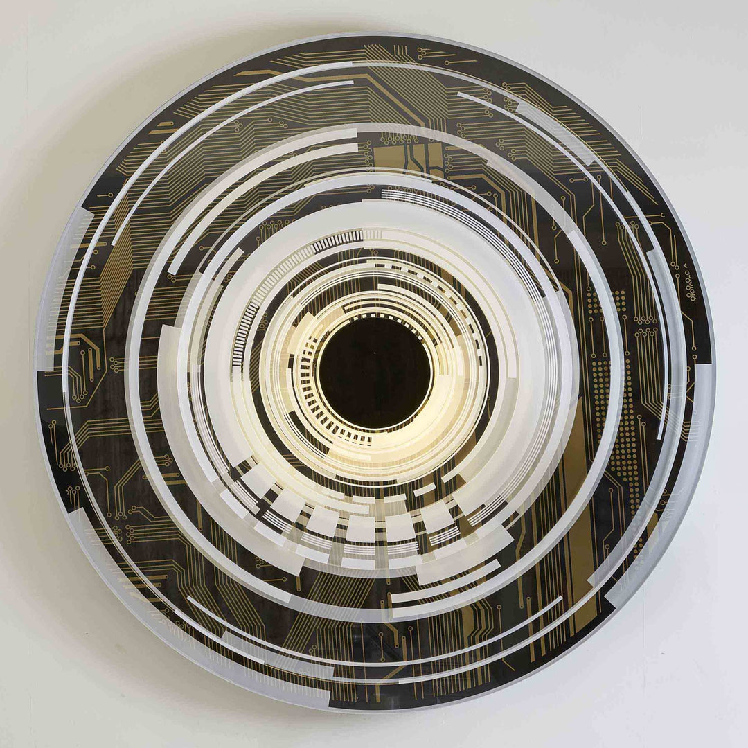 The Portal by Ben Rousseau – a circular illuminated artwork blending acrylic, LED, and brass. Featuring concentric rings and circuit-inspired patterns in gold, white, and black, it transforms technology into art and light into architectural sculpture.
