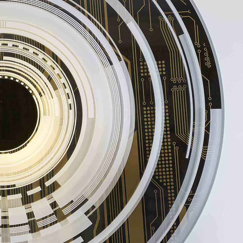 The Portal by Ben Rousseau – a circular illuminated artwork blending acrylic, LED, and brass. Featuring concentric rings and circuit-inspired patterns in gold, white, and black, it transforms technology into art and light into architectural sculpture.