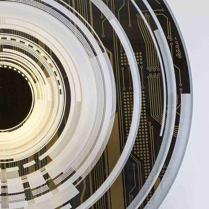 The Portal by Ben Rousseau – a circular illuminated artwork blending acrylic, LED, and brass. Featuring concentric rings and circuit-inspired patterns in gold, white, and black, it transforms technology into art and light into architectural sculpture.