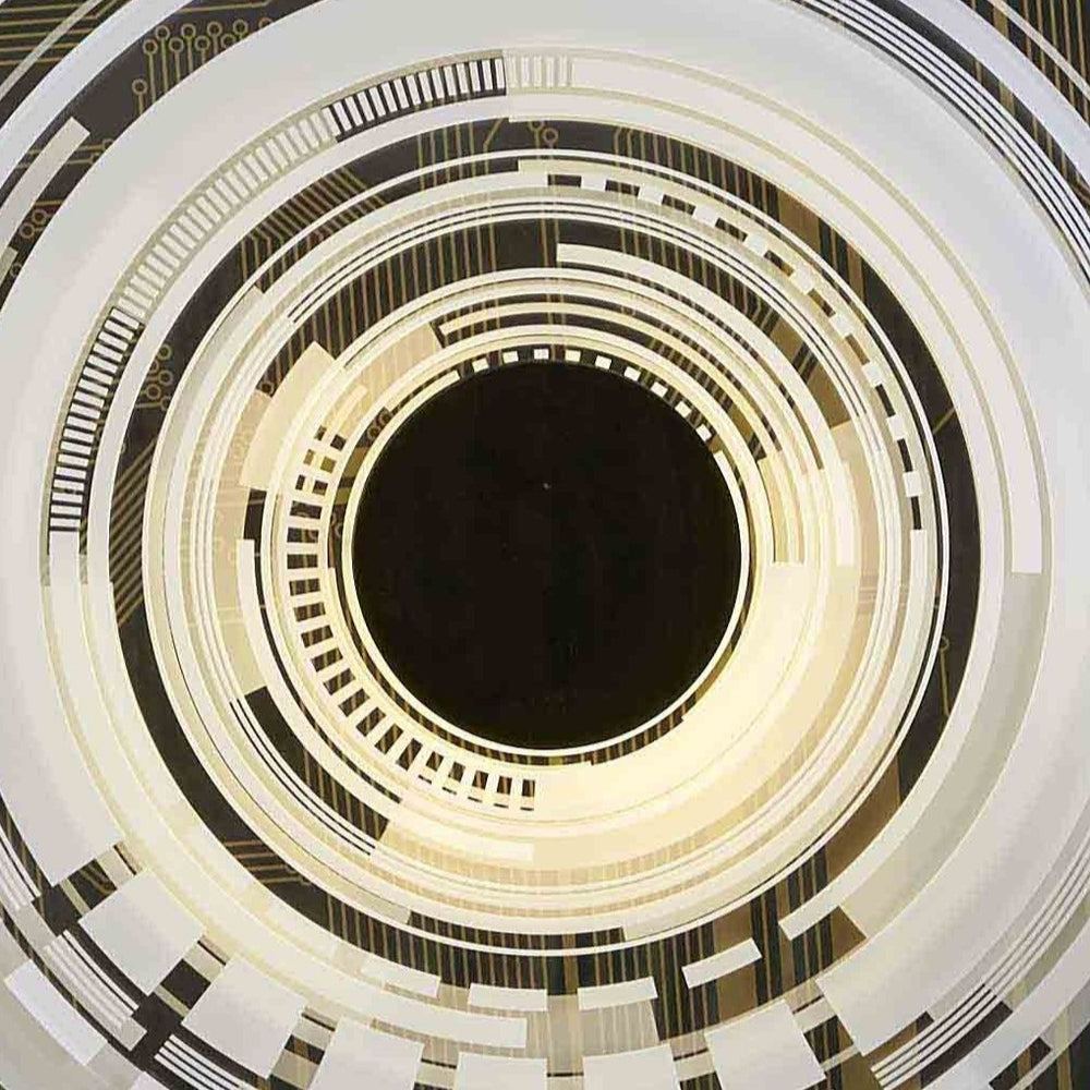 The Portal by Ben Rousseau – a circular illuminated artwork blending acrylic, LED, and brass. Featuring concentric rings and circuit-inspired patterns in gold, white, and black, it transforms technology into art and light into architectural sculpture.