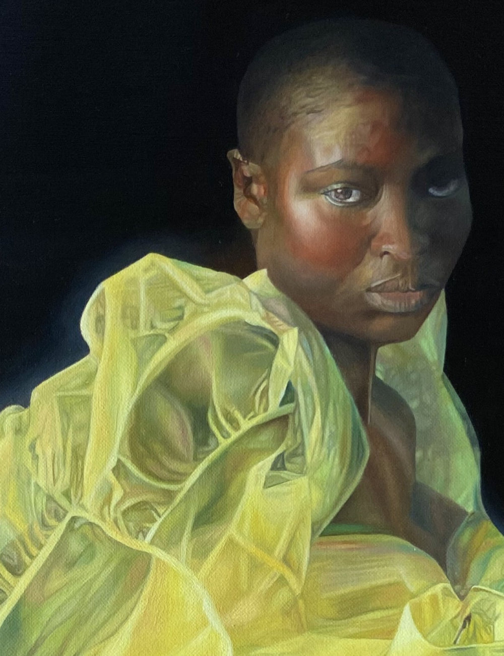 Oil painting of a translucent yellow couture dress by Dide Siemmond, floating against a deep black background, rendered with luminous layers and sculptural folds that give the garment a human-like presence. The sheer fabric glows in shades of yellow, lemon, chartreuse and soft green, with subtle highlights and shadowed seams suggesting movement, fragility and identity without a visible wearer.