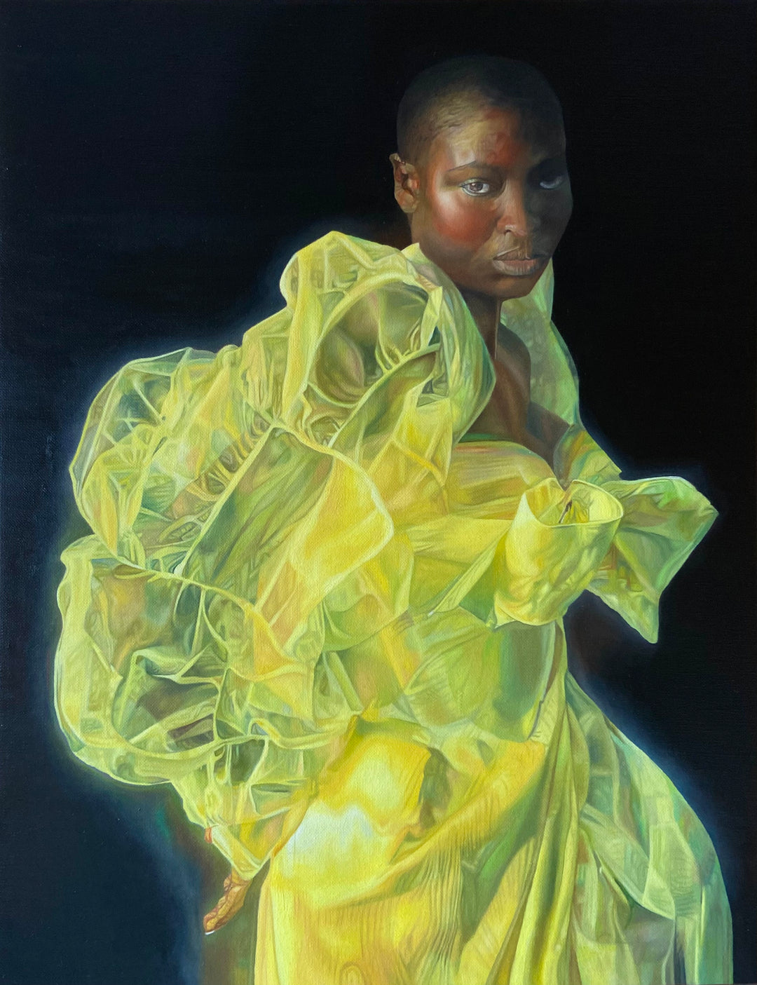 Oil painting of a translucent yellow couture dress by Dide Siemmond, floating against a deep black background, rendered with luminous layers and sculptural folds that give the garment a human-like presence. The sheer fabric glows in shades of yellow, lemon, chartreuse and soft green, with subtle highlights and shadowed seams suggesting movement, fragility and identity without a visible wearer.