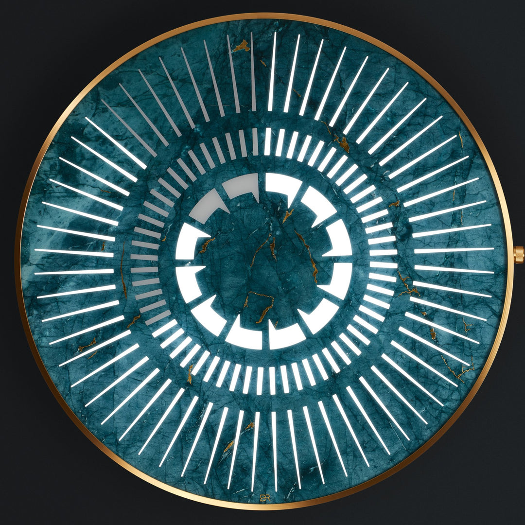 “Tempus Positano” by Ben Rousseau – a limited-edition illuminated wall sculpture crafted from jade marbled glass with 23ct gold leaf and brass-tinted aluminium. Inspired by the Amalfi Coast, it merges Italian artistry with precision engineering.

